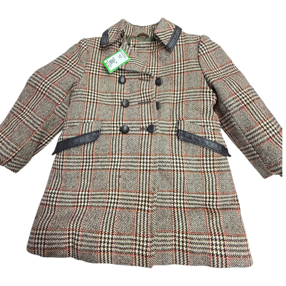 Solitaire Kids Jacket 50's Plaid Double Breasted Wool Blend Leather Trim 5-6